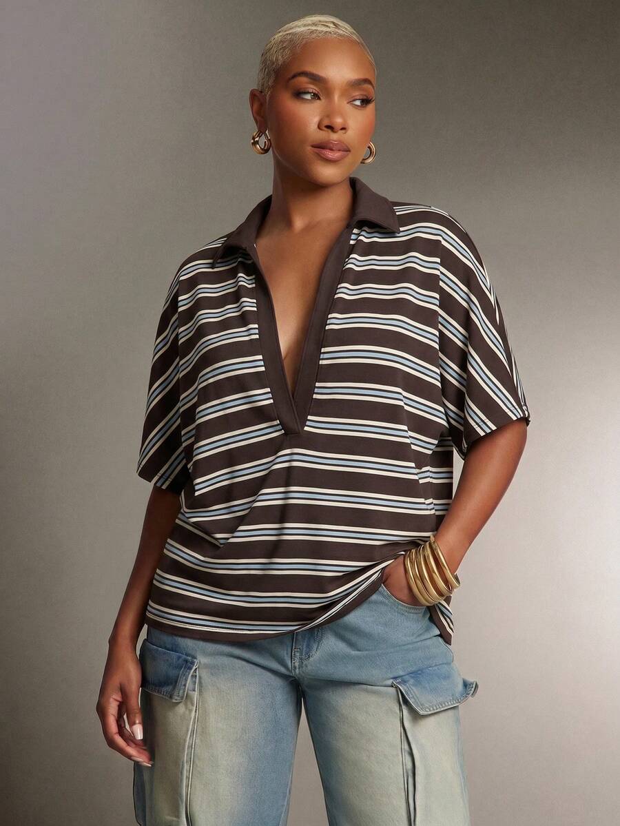 Denimoi Blusa de polo a rayas con cuello de solapa y escote pronunciado, top de moda - Marrón Mocha - Ver 1
