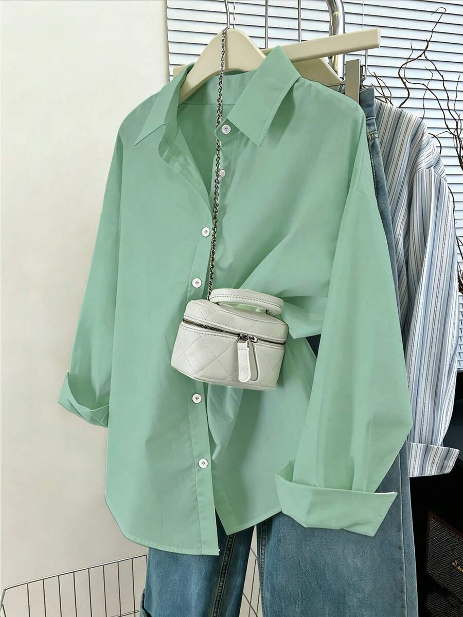 Franclia Plus Size Women's Solid Color Single-Breasted Casual Versatile Daily Wear Long Sleeve Shirt Fall - Green - View 1