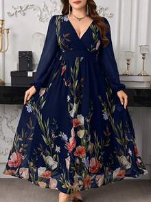 Modelyn Plus Size Women's Elegant Floral Print Cross V-Neck Long Sleeve Chiffon Ruched Waist Slim Fit Romantic Maxi Dress - Multicolor - View 4
