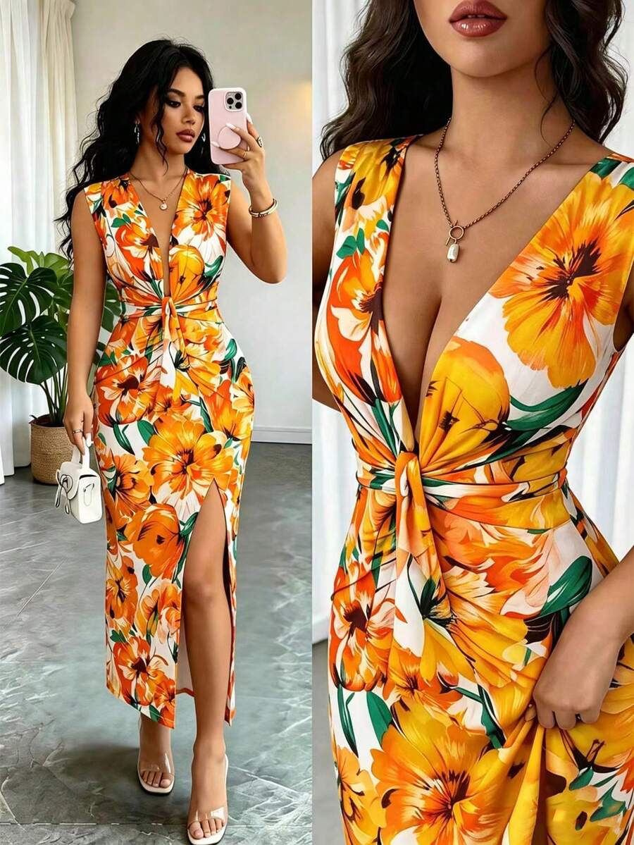 SHEIN Elenzya 女款花卉印花V領開衩A字裙,橘色與白色,夏季休閒度假風,收腰荷葉邊下擺復古中長洋裝 - 橘色 - 查看 1