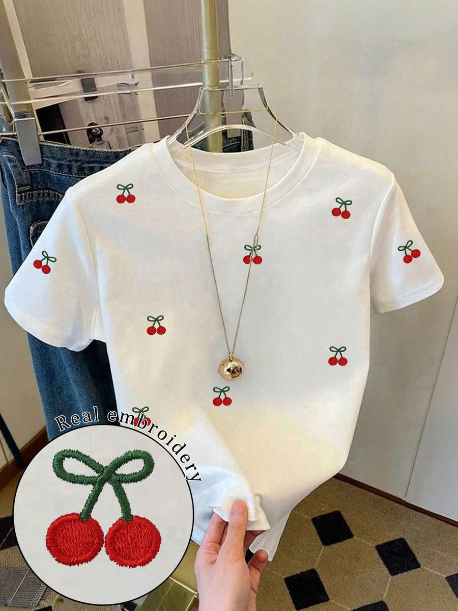 Franclia 櫻桃刺繡設計休閒可愛簡約大尺碼女款T恤,適合送給朋友、畢業禮物、白色夏季度假約會 - 白色 - 查看 1