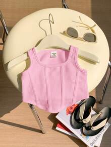 SHEIN 2件套女童休闲纯色无袖方领针织背心，夏季 - 彩色 - 查看 3