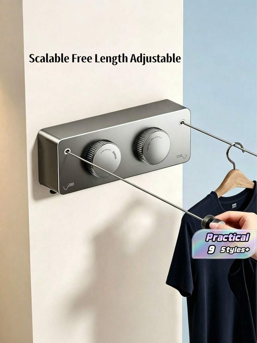 1pc Retractable Clothesline Indoor, Non-Sagging Outdoor Clothes Line Retracting Heavy Duty Clothes Drying Laundry Line Wall Mounted Stainless Steel Line-(Grey,Black,White) - Multicolor - View 1