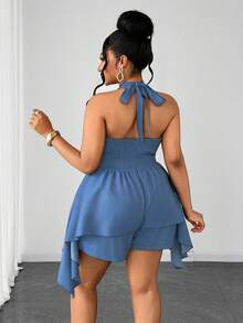 Maweii Vintage Fitted Halter Tie Waist Asymmetrical Plus Size Jumpsuit Gym Brown Summer - Blue - View 5