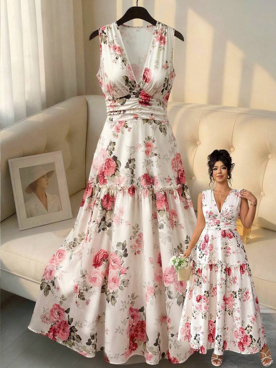 Elenzga Đầm chữ A không tay in hoa thanh lịch dành cho nữ cỡ lớn, thích hợp cho mùa hè. - Màu be - Xem 1