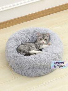 1pc Fluffy Round Pet Bed – Warm & Breathable, Cozy Soft Cushion For Small/Medium/Large Cats & Dogs, All-Season Use - Grey - View 1
