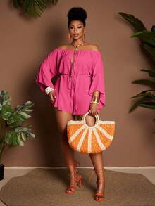 Maweii Jumpsuit Liburan Seksi Wanita Ukuran Plus dengan Bahu Terbuka - Hot Pink - View 3
