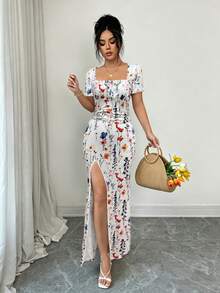 Rafferiza Đầm ngắn tay mùa hè cho nữ, đầm đi nghỉ in kỹ thuật số, đầm đi biển xẻ tà, đầm dài xếp ly eo. - trắng - Xem 5