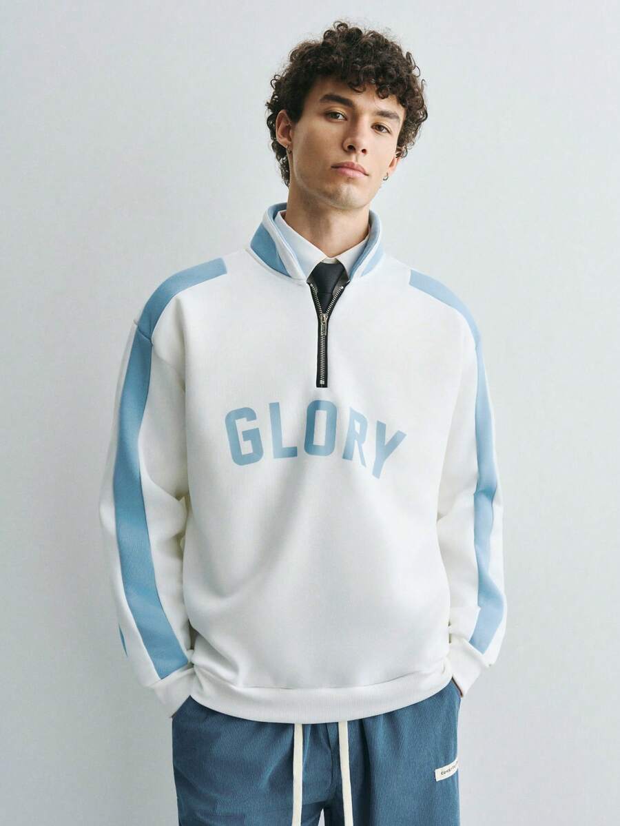 Sonviro Men's Autumn/Winter Color Block Half-Zip Pullover Pullover Sweatshirt, Letter Print, Fashion Versatile, Suitable For Outdoor And Indoor Wear White Sweater Kpop Clothes 90s Sweater Sporty Sweater Men Quarter Zip - Multicolor - View 1