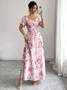 SHEIN Elenzya 女士玫瑰碎花褶皱前片荷叶袖腰部A字连衣裙，魅力优雅休闲度假通勤性感时尚约会法式街头复古百搭春夏红白多色新款短袖长裙 - 粉色 - 查看 3