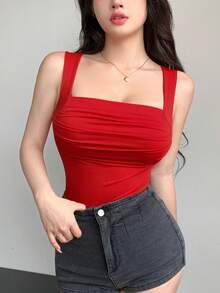 DAZY Women's Casual Solid Color Ruched Slim Fit Tank Top, Summer - Red - View 8