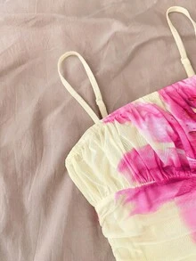 SHEIN 少女休闲舒适优雅波西米亚热带条纹扭结迷你连衣裙，适合度假/假日/复古/海滩/海边/优雅场合，可爱，吊带A字廓形，适合度假、派对、复活节、狂欢节、海滩、邮轮、下午茶等场合，时尚夏日连衣裙，波西米亚风格 - 黃色 - 查看 4
