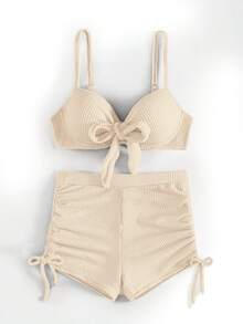 Swim  Conjunto de bikini de textura de unicolor para mujeres en verano en la playa - Albaricoque - Ver 5