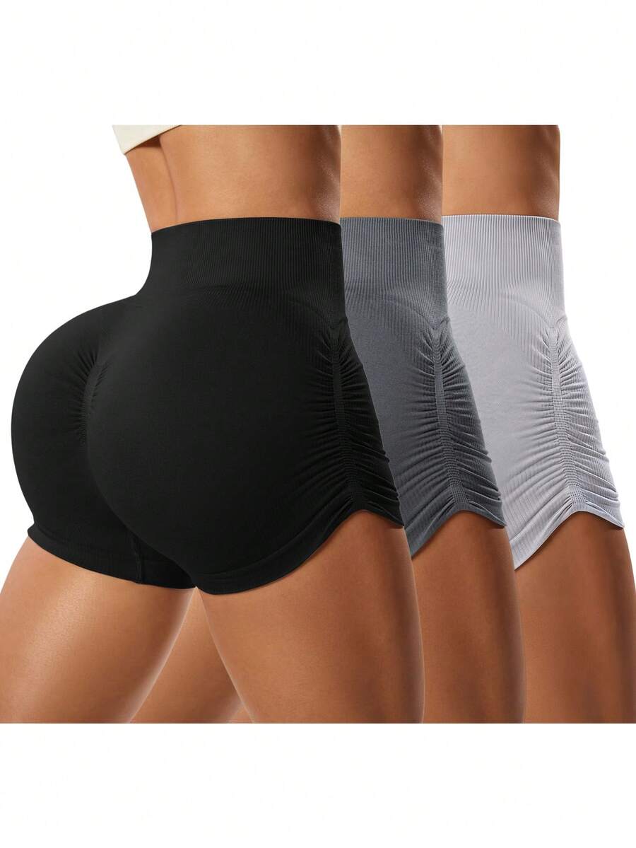 SHEIN Velisys Bộ 3 quần short nữ màu đen, xám đậm, xám nhạt, không đường may, co giãn, không xuyên thấu, xếp ly, thích hợp cho yoga, chạy bộ, đạp xe, tập thể dục, hoạt động ngoài trời, các hoạt động thường ngày, quần short thể thao cho mùa xuân, hè, thu, đông, kiểu dáng mới, cạp cao, bán chạy. - Nhiều màu - Xem 1