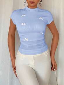 Rafferiza Versatile French Pleated Bowknot Short Sleeve T-Shirt - Blue - View 3