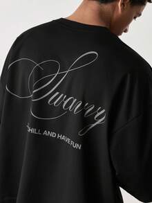 SWAVVY Men's Casual Loose Fit Short Sleeve T-Shirt, Black, Screen Print - Black - View 3