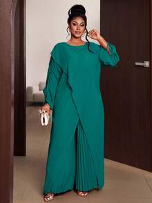 Maweii Plus Size Orange Long Sleeve Casual Commuting & Outing Versatile Two Pieces Set Fall - Blue - View 4