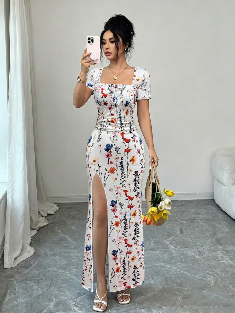 Rafferiza Đầm ngắn tay mùa hè cho nữ, đầm đi nghỉ in kỹ thuật số, đầm đi biển xẻ tà, đầm dài xếp ly eo. - trắng - Xem 1