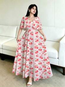 Modelyn 女士短袖连衣裙，女士短袖数码印花收腰连衣裙，披肩袖荷叶边下摆，优雅美丽，尽显迷人风采，时尚优雅，Y2K涤纶面料，适合外出、节日、派对等场合。女士夏季连衣裙，女士约会、派对、度假连衣裙。女士连衣裙，樱桃印花连衣裙，花卉沙滩度假连衣裙 - 粉色 - 查看 3