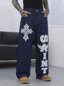 Manfinity Roghcode Men's Letter & Cross Graphic Wide Leg Loose Casual Jeans - Dark Wash - View 7