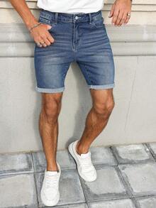 EGENSIO Quần short denim nam màu xanh dương, co giãn, họa tiết da báo và ria mép, phong cách đường phố thường ngày. - Rửa trung bình - Xem 6
