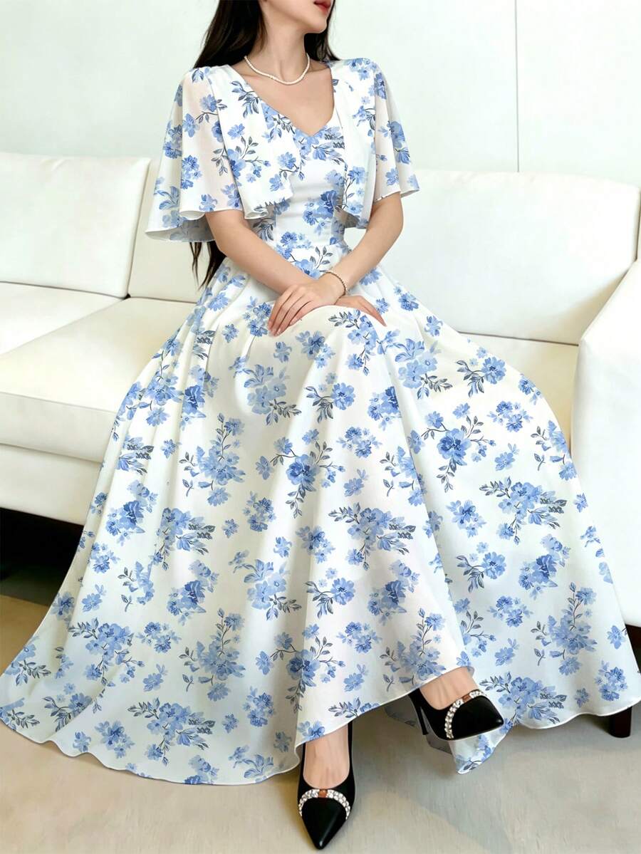 Modelyn 女士短袖连衣裙,女士短袖数码印花收腰连衣裙,披肩袖荷叶边下摆,优雅美丽,尽显迷人风采,时尚优雅,Y2K涤纶面料,适合外出、节日、派对等场合。女士夏季连衣裙,女士约会、派对、度假连衣裙。女士连衣裙,碎花连衣裙,沙滩度假碎花连衣裙 - 白色 - 查看 1