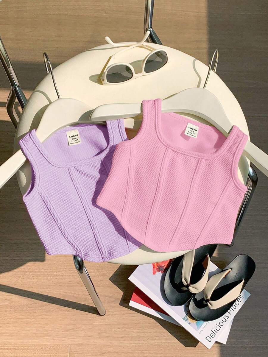 SHEIN 2件套女童休闲纯色无袖方领针织背心，夏季 - 彩色 - 查看 1