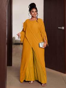 Maweii Plus Size Mustard Yellow Long Sleeve Casual Elegant Commuting Party Formal Outing Versatile 2 Pieces Set Fall - Yellow - View 5