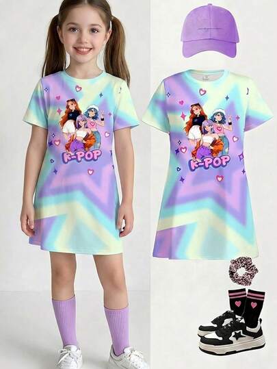 Tween Girls' Colorful Tie-Dye Star, K-POP Cartoon Girl Graphic Print Casual Short Sleeve Mid-Length Dress, Suitable For Spring/Summer Daily Wear, Outings, Vacation