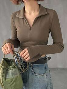 DAZY Solid Color Zipper Front Long Sleeve T-Shirt With Curved Hem,Fall Clothes Preppy Tops - Coffee Brown - View 6
