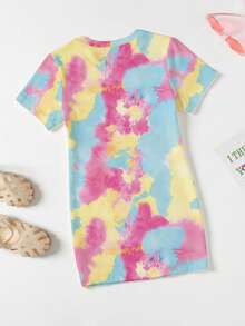 Elladie kids 这款春夏休闲时尚创意个性清新多巴胺扎染可爱卡通花卉图案字母标语印花短袖T恤裙，舒适百搭，适合春、夏、秋季穿着。 - 彩色 - 查看 3