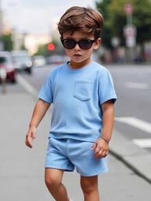 SHEIN Explorewe Young Boy Round Neck Solid Color Short Sleeve T-Shirt And Shorts Set, Summer, School, Campus, College - Blue - View 3
