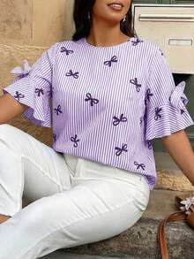 Weeklong Plus Size Striped Bow Print Decorative Butterfly Shirt, Random Print - Multicolor - View 4