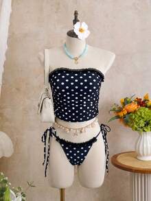 Swim Mod Bộ đồ bơi nữ mùa hè 2026 mới, kiểu dáng ren, không dây, hở lưng, gợi cảm, thanh lịch, in chấm bi đen trắng, bèo nhún, buộc dây bên hông, áo hai dây, bikini hai mảnh, đồ bơi chấm bi cho nữ, đồ bơi chấm bi, bộ bikini chấm bi, áo không dây bèo nhún in chấm bi và quần buộc dây bên hông, bộ đồ bơi tankini gợi cảm đi biển. - Đen và trắng - Xem 5