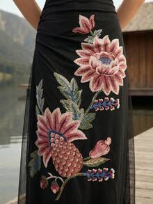 CAJUNI Đầm dài lưới họa tiết hoa phong cách Boho nhiệt đới, thích hợp cho kỳ nghỉ. - màu đen - Xem 4