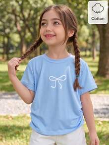 Genkimix Kids 女童休閒圓領短袖短版不對稱下擺蝴蝶結花卉印花藍色T恤，百搭夏季上衣 - 藍色 - 查看 3