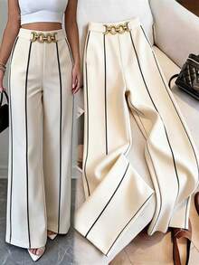 GlowEve Women's Elegant Apricot Color Chain Decor Contrast Trim Pants, Suitable For Casual Daily Wear And Commuting - Apricot - View 1