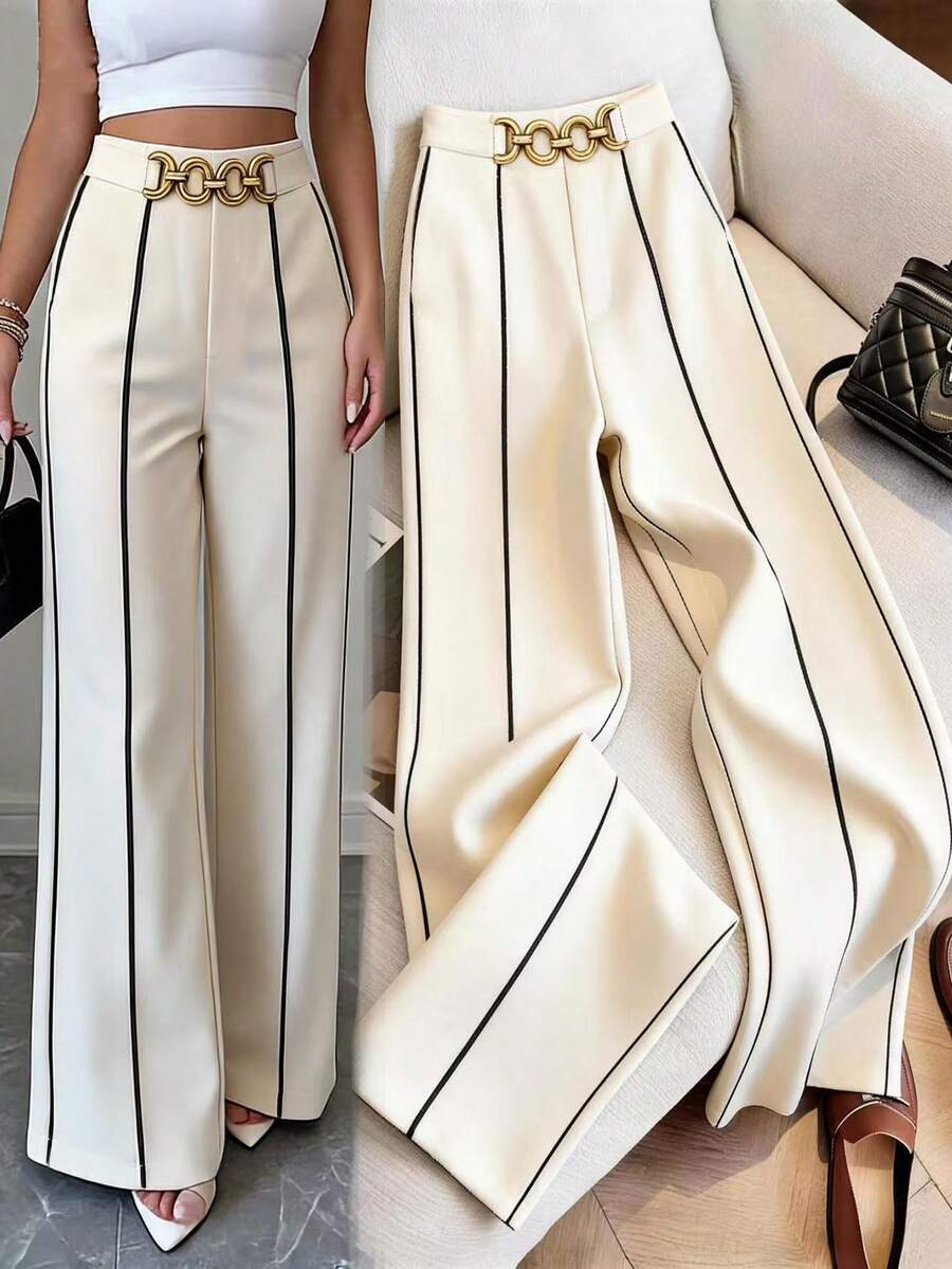 GlowEve Women's Elegant Apricot Color Chain Decor Contrast Trim Pants, Suitable For Casual Daily Wear And Commuting - Apricot - View 1