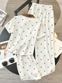 Resyla Ensemble 2 pièces femme avec t-shirt à col polo à imprimé cœur et couleur contrastée à manches courtes, et pantalon large à taille élastique, pour le printemps/été/automne - Blanc - Voir 2