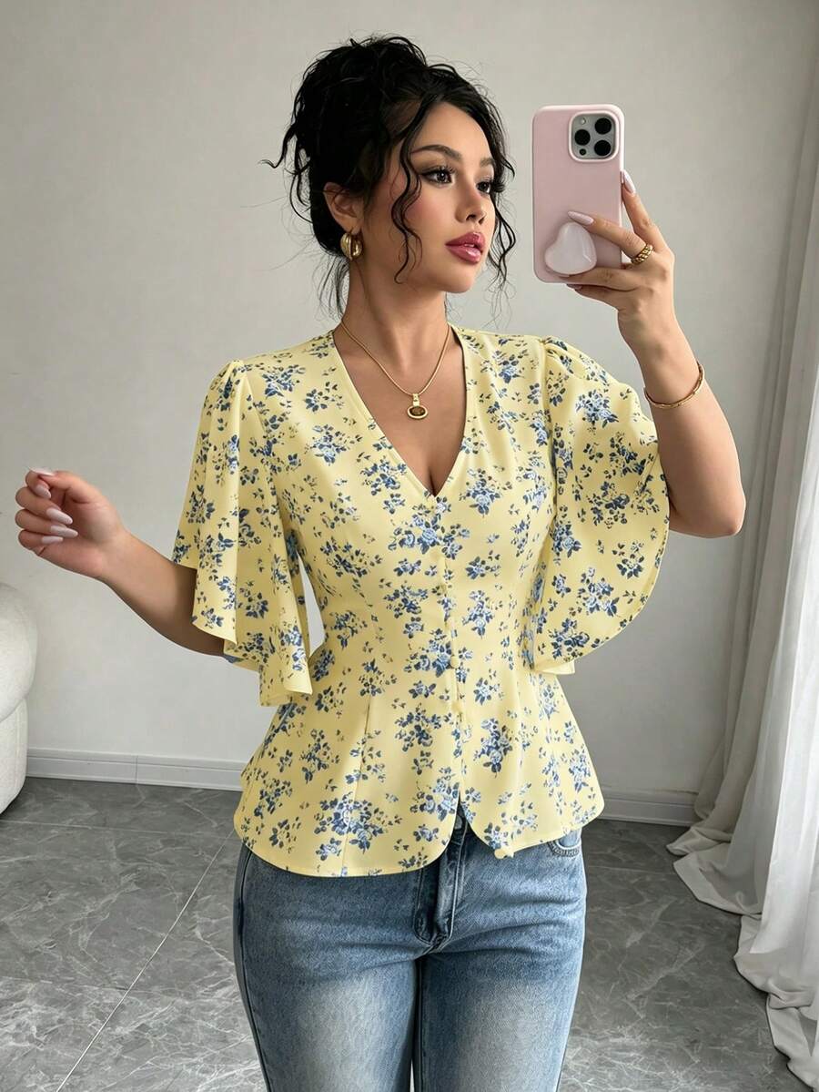 Elenzga 女士春夏法式优雅通勤休闲印花V领修身喇叭袖印花衬衫 - 鵝黃色 - 查看 1