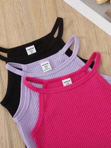 SHEIN Elladie kids 3件套女童纯色吊带连衣裙，罗纹弹力面料，简约吊带领口设计，清爽利落，多种颜色可选，可搭配不同风格，散发甜美清爽的少女气息，适合夏季外出、日常穿着、海滩度假，轻松打造清爽活力夏日造型。 - 彩色 - 查看 6