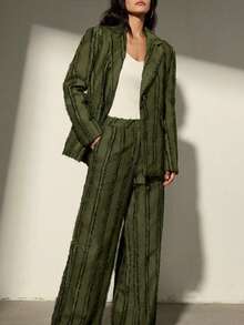 Aveloria Modichic Textured Frayed Edge Vertical Striped Tassel Design Sense Blazer Jacket Paired With Wide Leg Pants Women Suit Set - Olive Green - View 7