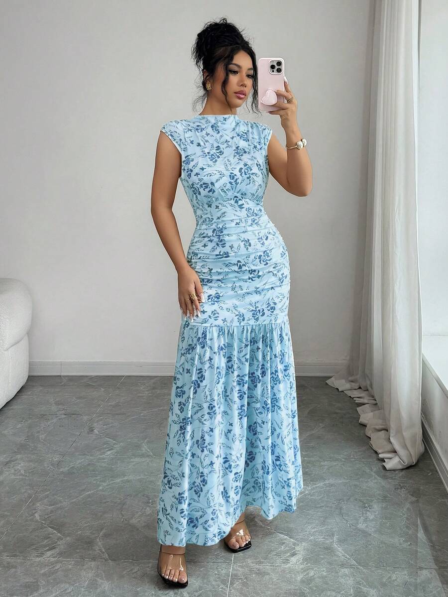 Elenzga Yellow Printed Ruched Waist Ruched Slit Elegant Dress For Women - Blue - View 1
