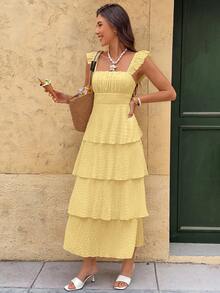 Serisse Women's Summer Beach Vacation Style Minimalist Solid Color Square Neck Ruffle Hem Dress,Dresses For Women Summer - Light Yellow - View 8