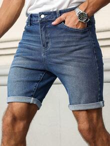 EGENSIO Quần short denim nam màu xanh dương, co giãn, họa tiết da báo và ria mép, phong cách đường phố thường ngày. - Rửa trung bình - Xem 5
