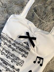 IslaSuriya Plus-Size Y2K Elegant 90s Style Fitted Crop Top, Musical Score And Note Prints With Bow, Black And White, Summer, Elegant, Concert Dates - Multicolor - View 3