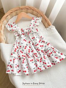 SHEIN Baby Girl Cute Cherry Print Ruffle Hem Dress - Red and White - View 2