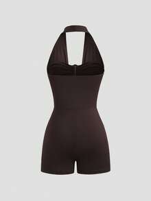 Sweetra Women's Fashionable Sexy Bandage Backless Spaghetti Strap Jumpsuit, Hollow Out Design, Slim Fit, Brown And Gold Color, Summer Night Out - Brown - View 2