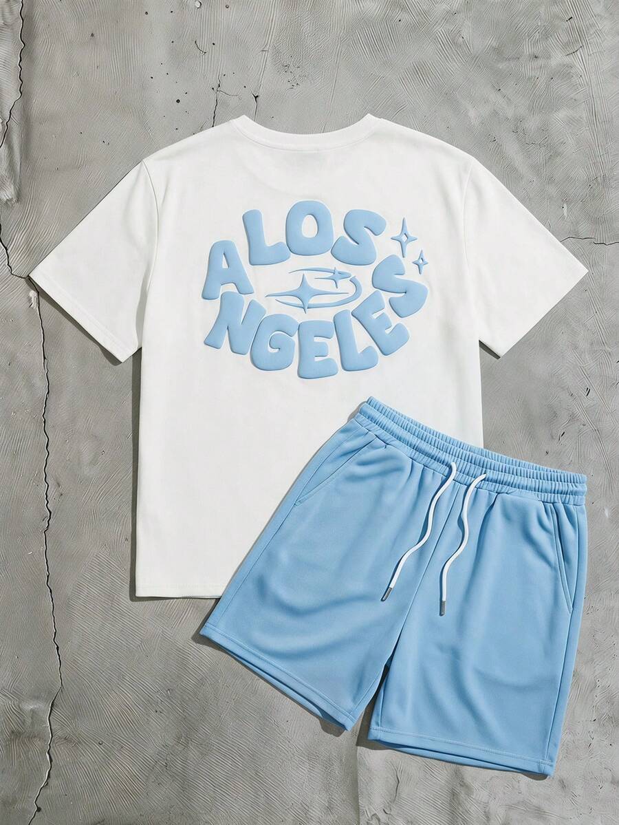 AXEPEAK Men's Letter Print Foil Short Sleeve T-Shirt And Drawstring Waist Shorts Set - Baby Blue - View 1