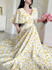 Modelyn 女款短袖洋裝，女款短袖數位印花收腰洋裝，披肩袖荷葉邊裙襬優雅美觀，迷人淑女，時尚優雅Y2K風格，聚酯纖維材質，適合外出、節慶、派對。女款夏季洋裝，女款約會、派對、度假洋裝。女款洋裝，碎花洋裝，海灘度假碎花洋裝 - 白色 - 查看 6